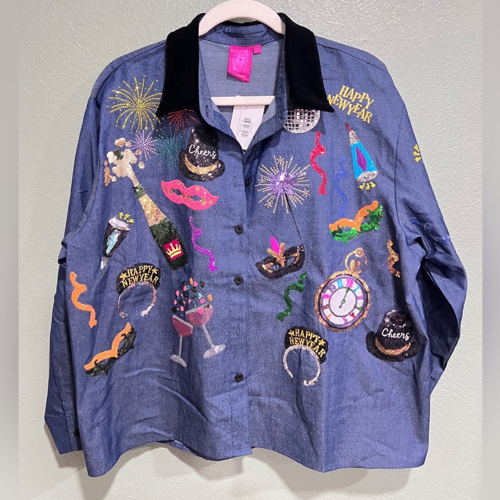 New QOS Denim NYE Icon Button Up Top